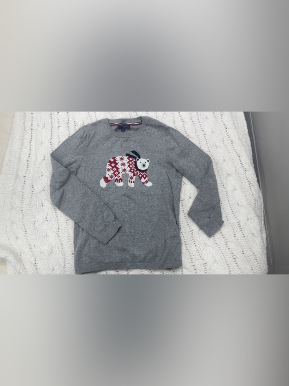 Tommy Hilfiger Gray Crewneck Sweater with Red & White Bear Motif
